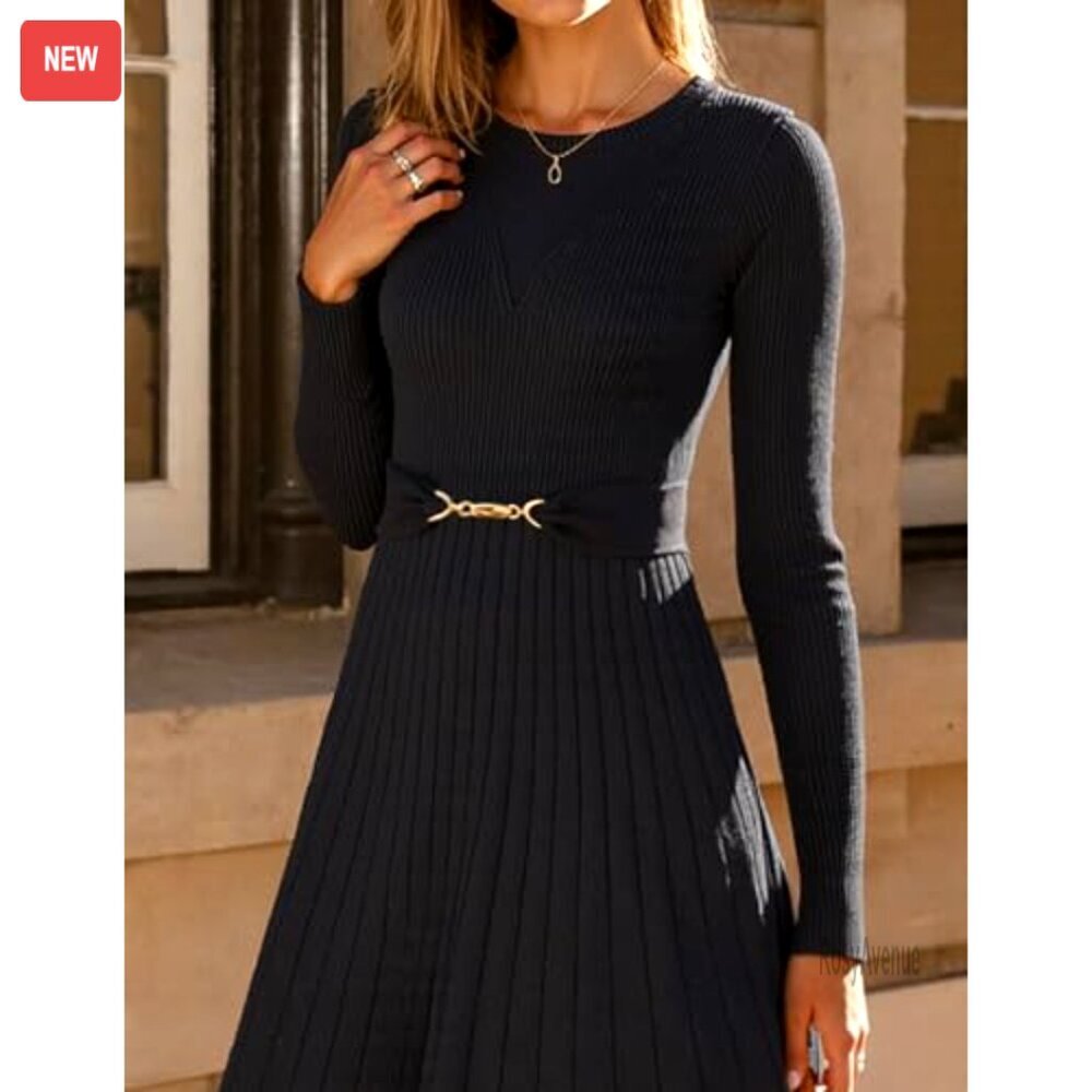 Long Sleeve Midi Sweater Dress with Belt, Knit A-Line Pleated Flowy - Picture 4 of 8